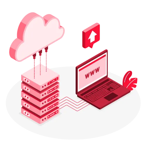 Illustration : serveurs reliés au nuage et à un site web